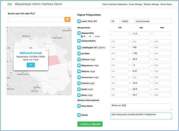 Demo Interface unserer Trinkwasser Datenbank